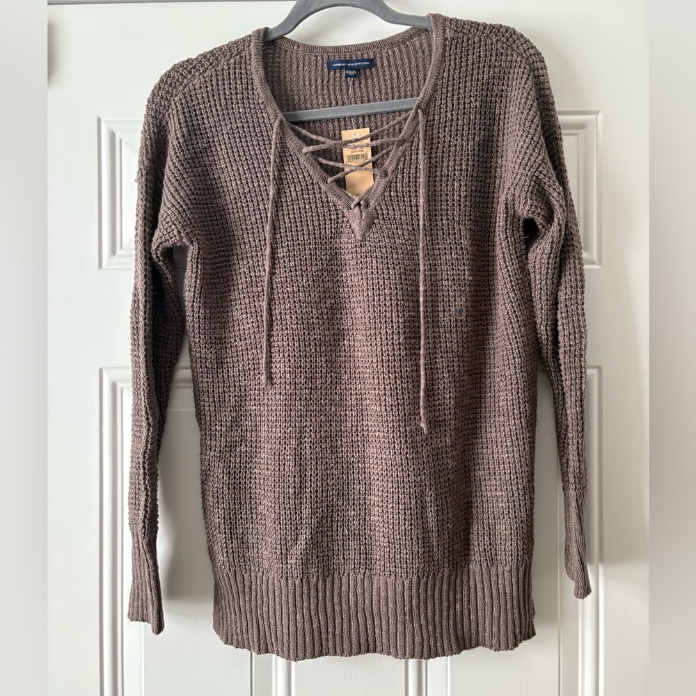 American Eagle Outfitters V-Neck Lace-Up Sweater - Brown NWT size small
